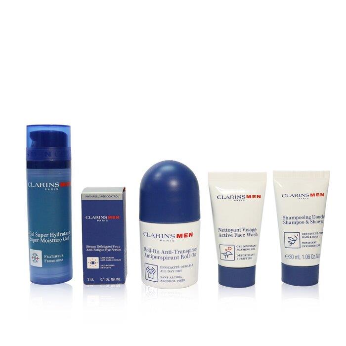 クラランス CLARINS レディース メングルーミングエッセンシャルズメンメントラベルエクスクルーシブキット:モイスチャージェル 50ml + フェイスウォッシュ30ml + アイセラム3ml + ンチパースロールオン 50ml + シャンプー&シャワー30ml 3380810314052