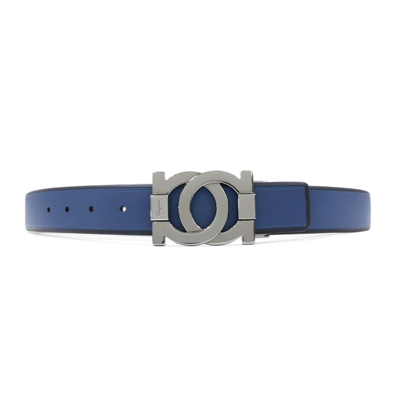 フェラガモ FERRAGAMO メンズ ブルーグロッシーロゴバックル ブラックエッジベルト 67-9163 0587008 DUTCH-BLUE