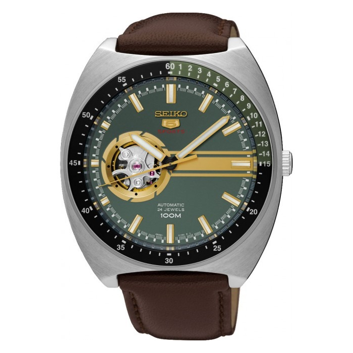 セイコー SEIKO メンズ腕時計 5 Sports 100M Retro Automatic Open Heart Calfskin Watch Green SSA333K1