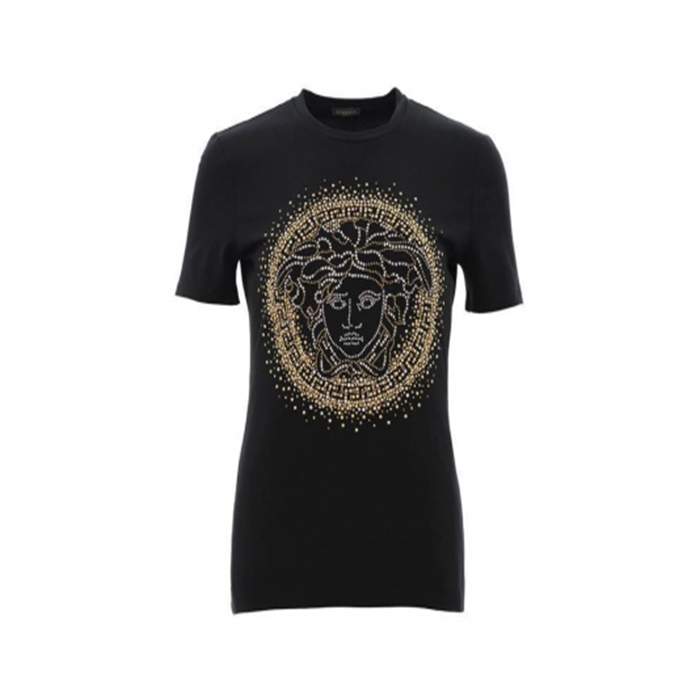 ヴェルサーチ VERSACE レディースメデューサヘッドビーズリムフィットラウンドネック半袖Tシャツ  A82241 2123 1008