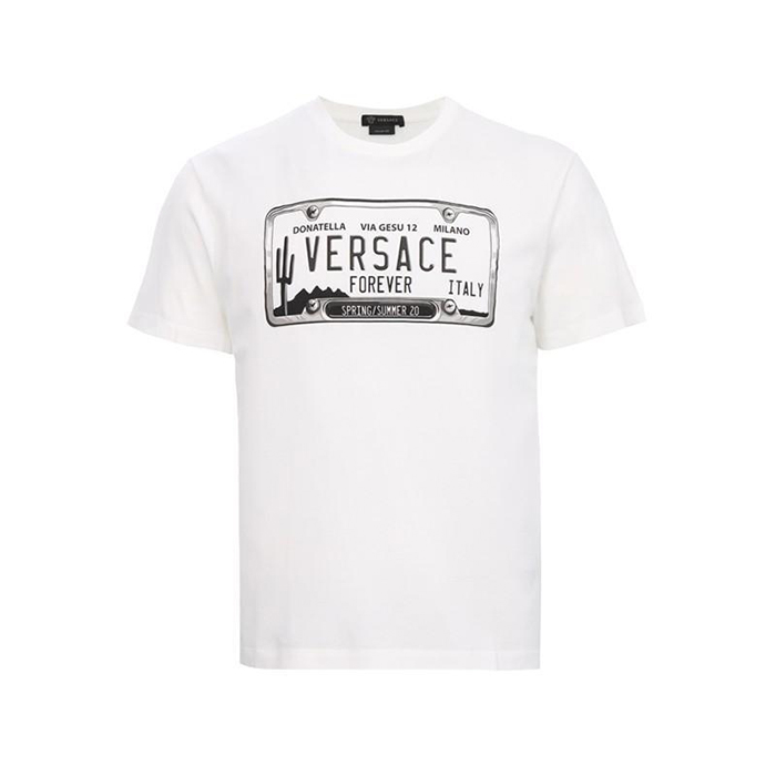 ヴェルサーチ VERSACE メンズプリントクリームクルーネックTシャツ  A86002 8806 1002